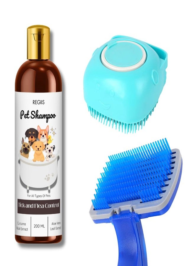 مجموعة شامبو وفرشاة تنظيف الحيوانات الأليفة، تركيبة لمكافحة القراد والبراغيث مع مستخلص الكركم والصبار، 200 مل، فرشاة سيليكون زرقاء (عبوة من 3 قطع) - Image 1